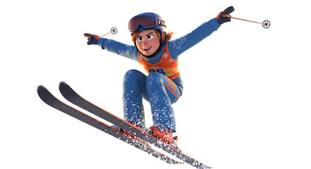 Cartoonish downhill skier in dynamic pose performing high altitude jumps