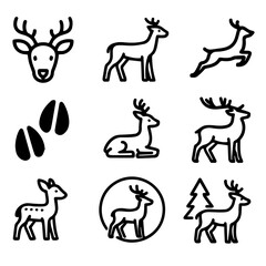 Deer Icon Set Antlered Mammals in Various Poses and Tracks.