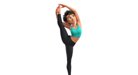 Animated character gracefully executes a standing bow yoga pose on black back