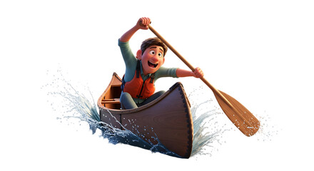 Animated character paddling canoe with energetic strokes creating water splash