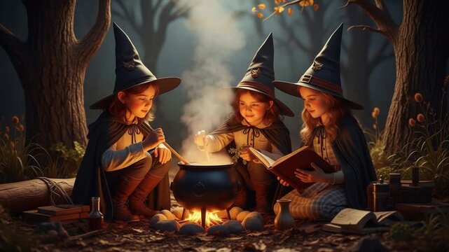 Three young witches brew a potion in a forest, reading from their spellbook