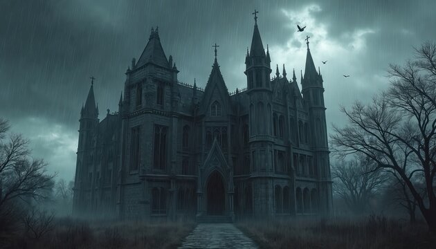 Gothic style abandoned building under stormy sky. Dark, monochrome tones create mysterious, horror atmosphere. Building structure ruin with broken windows. Spooky creepy scene with rain, fog. Fantasy
