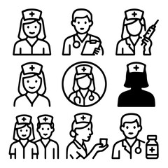 Diverse medical personnel icons nurses doctors and healthcare professionals in outline style.