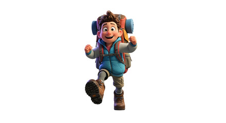 Energetic animated character on a joyful hiking adventure isolated on black
