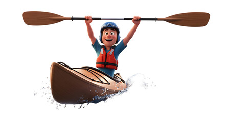 Animated kayaker celebrates paddling success amidst splashing water on black