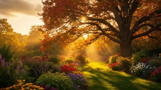 A vibrant autumn garden with sunlight streaming through trees and colorful flowers in full bloom view