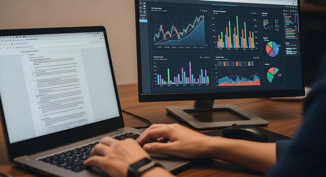 Business Data Charts on Computer – Financial Analytics and Market Growth