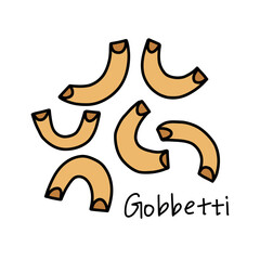 Dry pasta gobetti on white background, doodle style pasta, italian cuisine