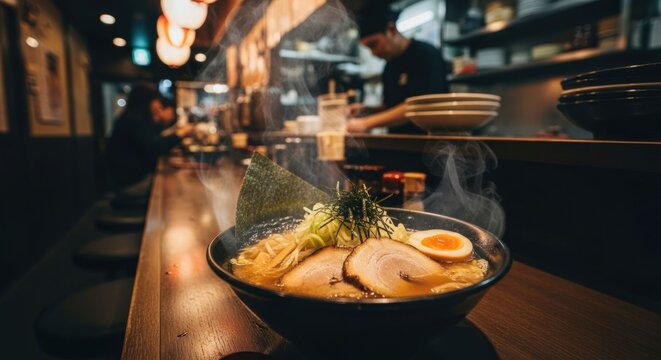 Steaming ramen bowl in a bustling Japanese restaurant