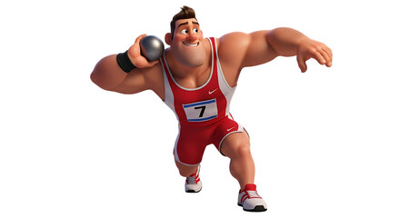 Animated shot put athlete in mid-motion against a stark backdrop of pure black