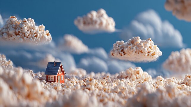Creative layout: popcorn shaped into clouds floating above a tiny toy house