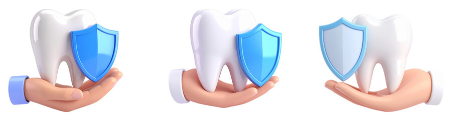 Hand holding tooth with blue shield dental protection oral care healthy tooth 3D illustration transparency background clean safety medical prevention