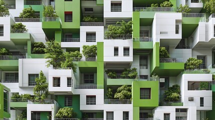 Modern Apartment Building Exterior with Green and White Balconies and Trees