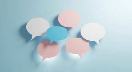 Colorful speech bubbles on a blue background, representing communication, ideas, and social interaction