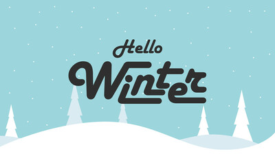 Fototapeta premium Happy Winter background. Hello Winter season. Cartoon Vector illustration Template for Poster, Banner, Greeting, Card, Flyer, Cover, Sale, Promotion. Snowfall, Snowy weather. welcome winter design.