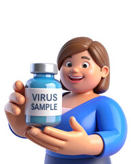 Smiling woman holding virus sample bottle, cartoon style, blue shirt, healthcare concept, laboratory research, medical safety, isolated on transparency background