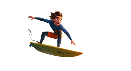 Cartoon character surfing on a yellow surfboard in the dark, energetic pose