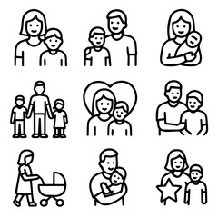 Family Icon Set Parents Children Love and Care in Line Art.