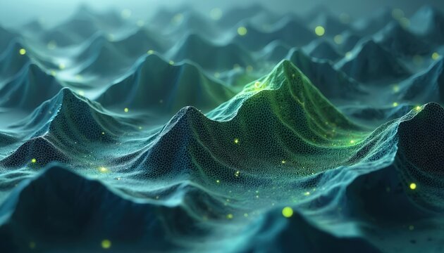 3D digital terrain map. Layered GIS geodata focuses elevation topographic details for sophisticated analysis. Digital visualisation, geographic mapping. Green, blue colors. Landform, remote sensing,