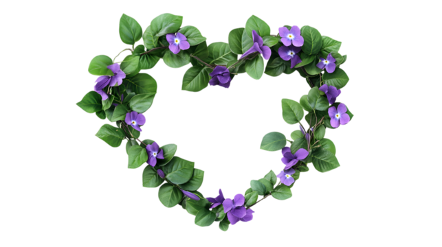 Floral Heart Frame with Purple Flowers and Green Leaves on Transparent Background, Botanical Design Element for Decoration