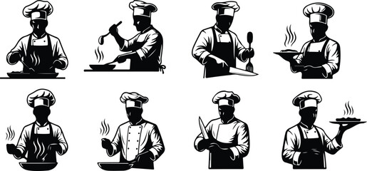 Collection of eight black and white silhouette icons of chefs cooking and serving food kitchen