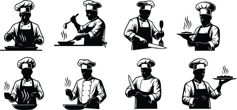 Collection of eight black and white silhouette icons of chefs cooking and serving food kitchen