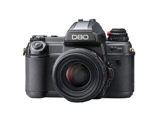 Front view of a vintage 35mm SLR camera.  Dark gray body, with a large, prominent lens.  Multiple controls and markings visible.  Isolated on a black background