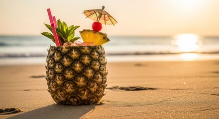 Tropical drink in a pineapple shell on beach at sunset (1)