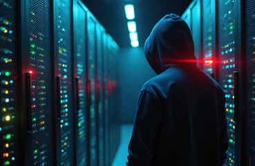 Computer server room with rows of black servers and racks illuminated by soft blue light. Solitary figure in black hoodie stands in center, facing away from viewer.