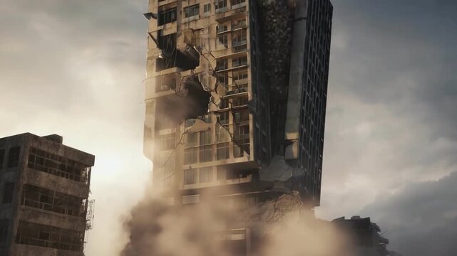Crumbled Concrete: An urban edifice, reduced to rubble and dust, under the heavy gaze of an overcast sky. The structure stands as a powerful emblem of demolition and collapse.