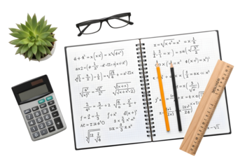 A math notebook filled with equations, a calculator, glasses, a ruler, and a pencil, all placed on a white surface with a succulent plant nearby
