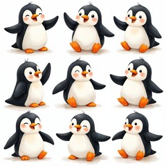 Fototapeta premium Nine adorable penguins in various playful poses. Lively scene of happy, sad, standing, sitting penguins. Unique expressions, vibrant colors, stark white background, balanced composition.
