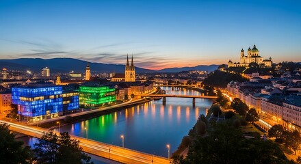 Fototapeta premium Scenic Cityscape at Dusk with River and Buildings.