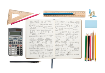 A neat collection of math and school supplies, including a notebook filled with formulas, a calculator, pencils, ruler, and a triangle ruler for learning and study