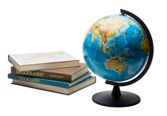 A GEOGRAPHY EDUCATION CONCEPTUALIZATION WITH BOOKS AND GLOBE ON WHITE BACKGROUND