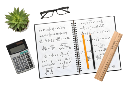 A math notebook filled with equations, a calculator, glasses, a ruler, and a pencil, all placed on a white surface with a succulent plant nearby