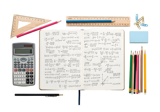 A neat collection of math and school supplies, including a notebook filled with formulas, a calculator, pencils, ruler, and a triangle ruler for learning and study