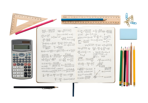 A neat collection of math and school supplies, including a notebook filled with formulas, a calculator, pencils, ruler, and a triangle ruler for learning and study
