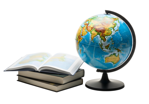 A Desk Globe and Open Books Illustrating Education, Learning, and Global Awareness