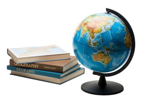 A GEOGRAPHY EDUCATION CONCEPTUALIZATION WITH BOOKS AND GLOBE ON WHITE BACKGROUND