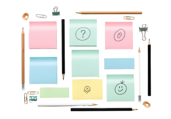 Sticky notes with drawn emojis and stationery items, organized creatively on a white background for brainstorming or planning