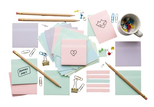 Flat lay of stationery items including notebooks, pencils, paper clips, push pins, and a mug filled with push pins on a white background