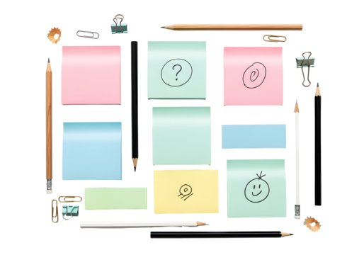 Sticky notes with drawn emojis and stationery items, organized creatively on a white background for brainstorming or planning