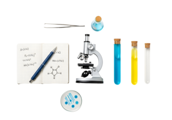 Microscope and scientific research equipment, including test tubes with colorful liquids, petri dish, notebook with chemical formulas and tweezers
