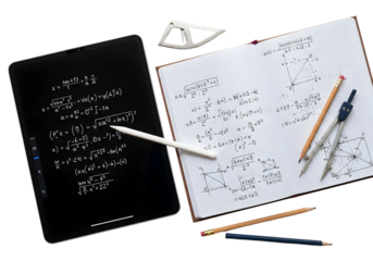 Detailed overhead shot of a tablet and notebook filled with mathematical equations and geometric diagrams, surrounded by pencils and a compass