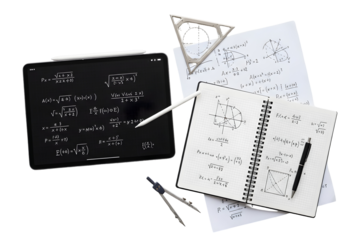 Advanced mathematics learning through digital and traditional tools. Tablet, notebook, formulas, and geometry for academic study