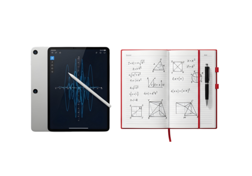 Mathematical Equations and Formulas Displayed on a Tablet and in a Notebook, Representing Education and Science