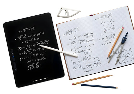 Detailed overhead shot of a tablet and notebook filled with mathematical equations and geometric diagrams, surrounded by pencils and a compass