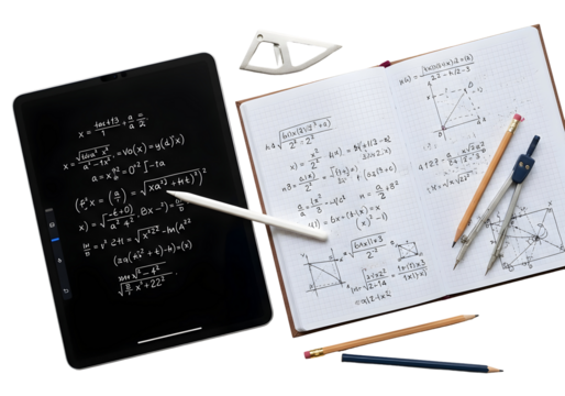 Detailed overhead shot of a tablet and notebook filled with mathematical equations and geometric diagrams, surrounded by pencils and a compass