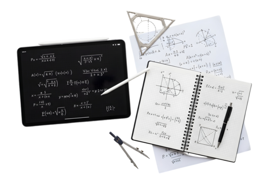 Advanced mathematics learning through digital and traditional tools. Tablet, notebook, formulas, and geometry for academic study